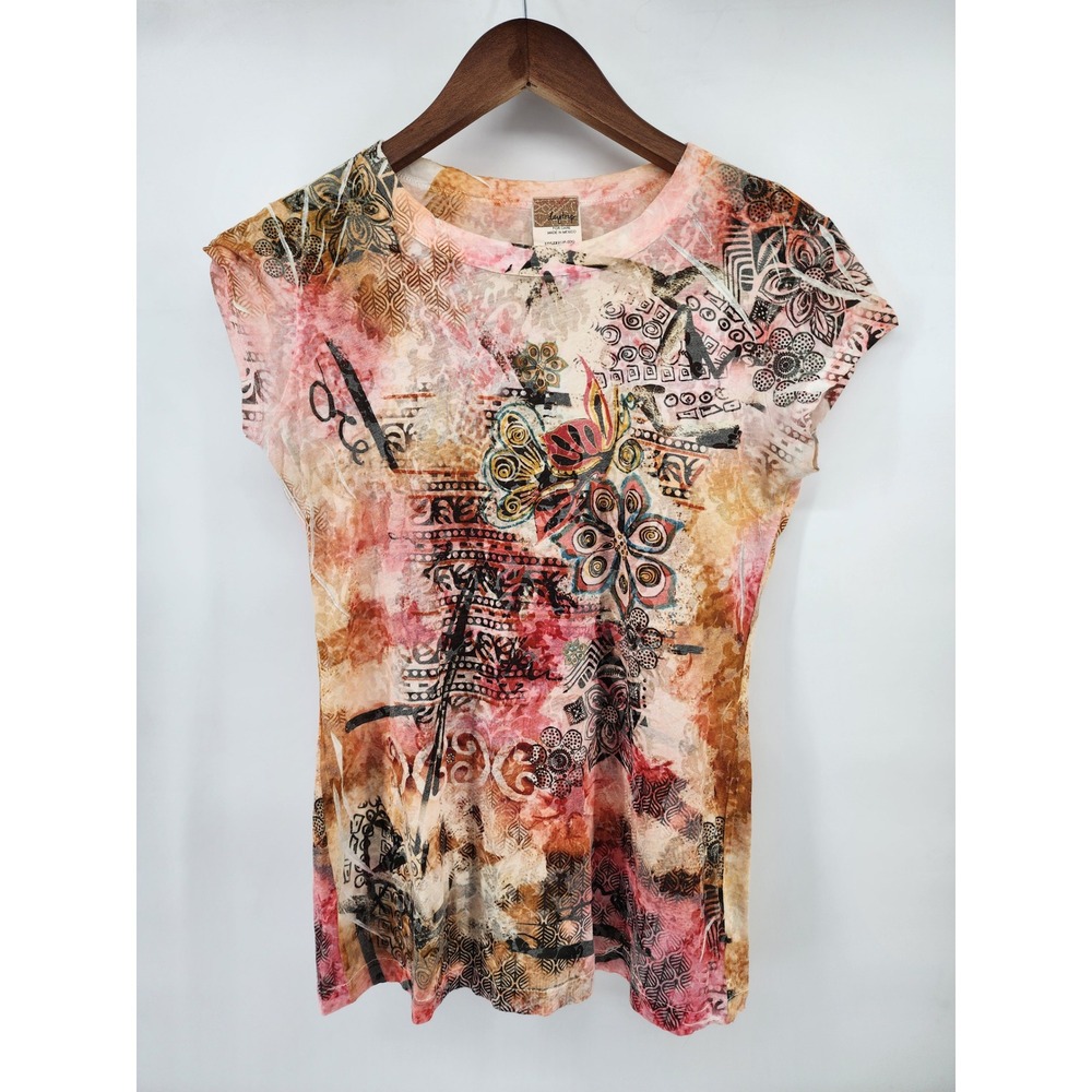 Daytrip Womens Abstract Floral Mixed Print Cap Sleeve Top Pink Orange Medium